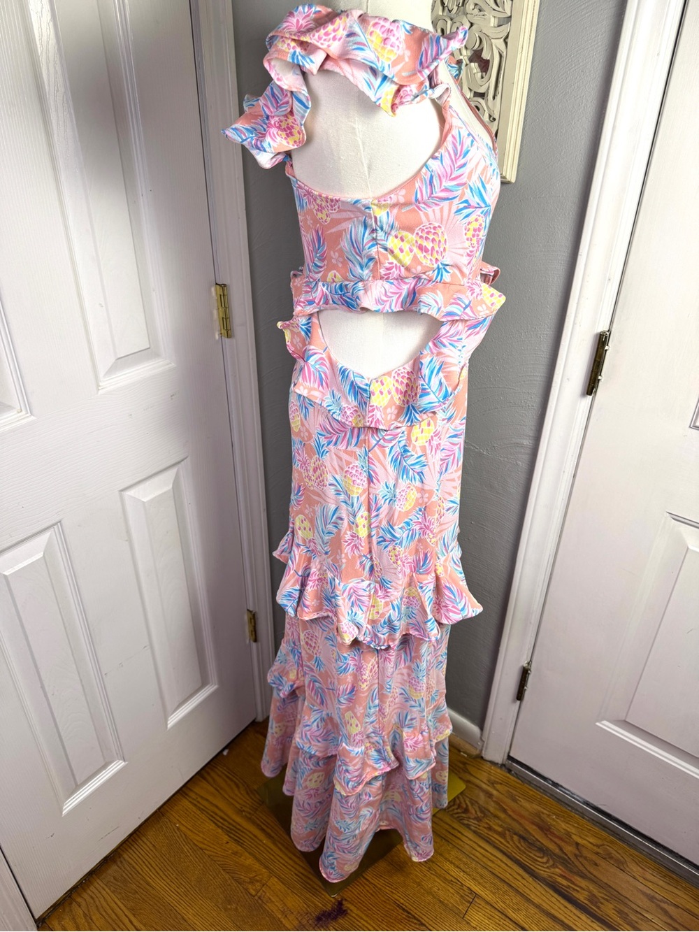 Simply Southern Pineapple Ruffle Maxi Dress Large Tropical Resort Cruise Pink - Picture 8 of 13